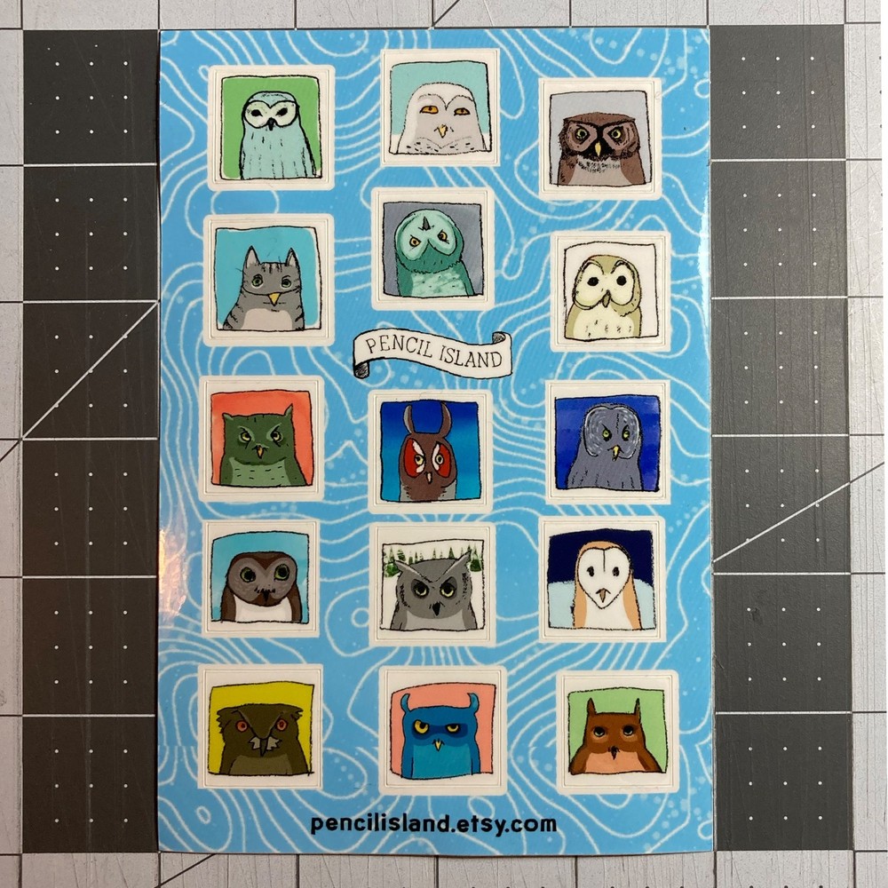 Owl Sticker Sheet 6″x4″ – 15 Tiny Owl Faces
