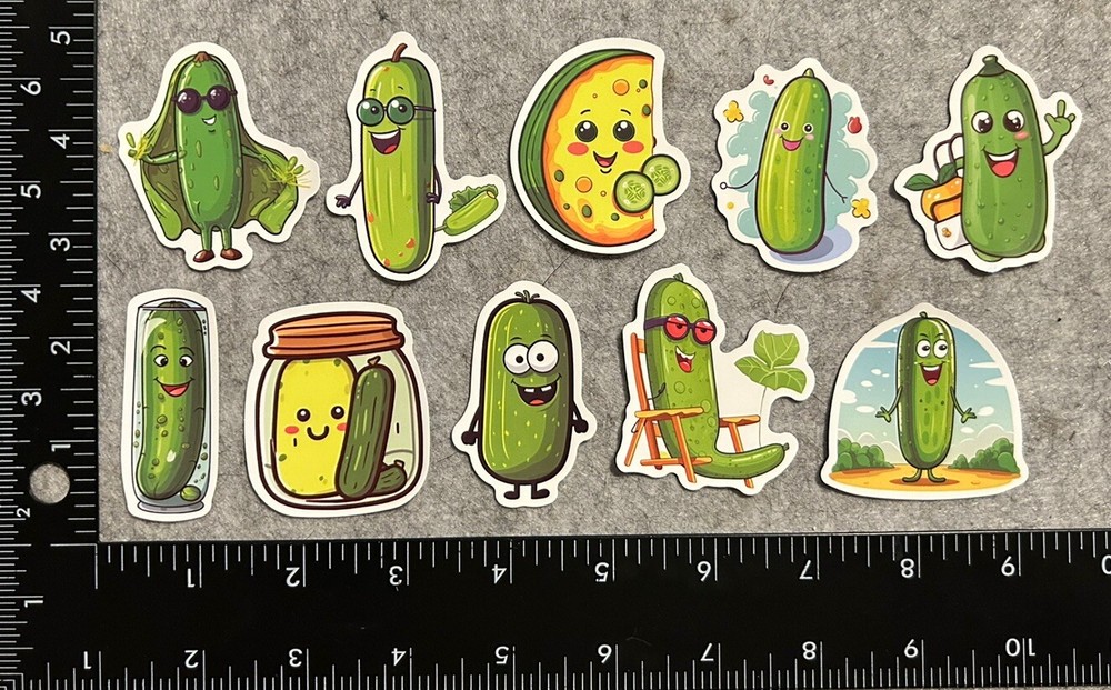 Lot of 10 Assorted Cartoon Pickle Cucumber Stickers