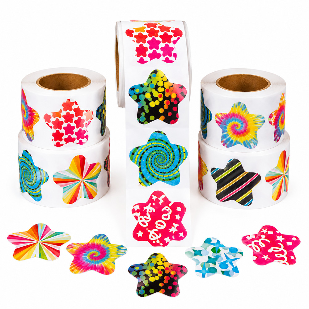 500 Funky Pattern Star Stickers – 1.5″ Multicolor Paper Sticker Rolls