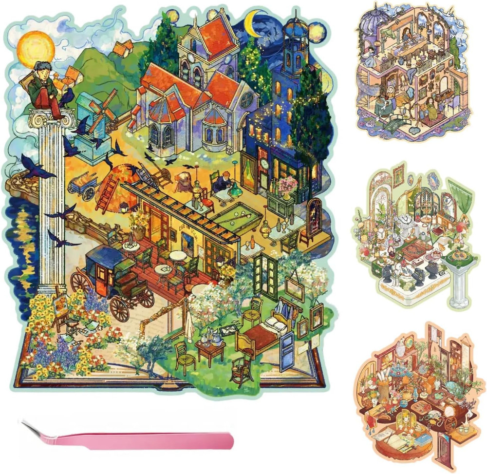 4 Sets Large 3D Scene Stickers for Miniature Room – Oil Painting Style