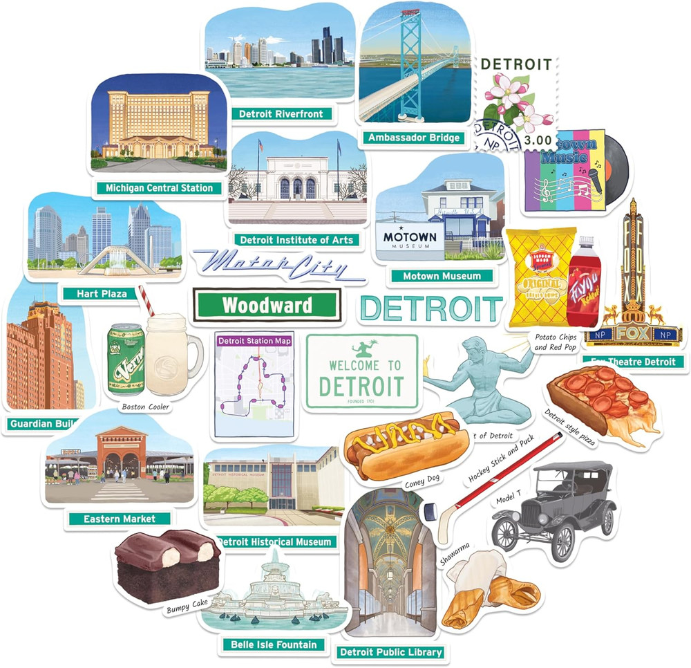 Driven Detroit City Travel Stickers – Hand-Illustrated Gouache, Matte, Die Cut –
