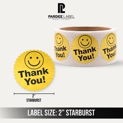 Gold Thank You Smile Starburst Stickers 2″ Foil 250/Roll Labels