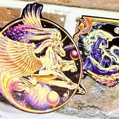 2 UNICORN PEGASUS space celestial fantasy VINTAGE sticker glitter prismatic