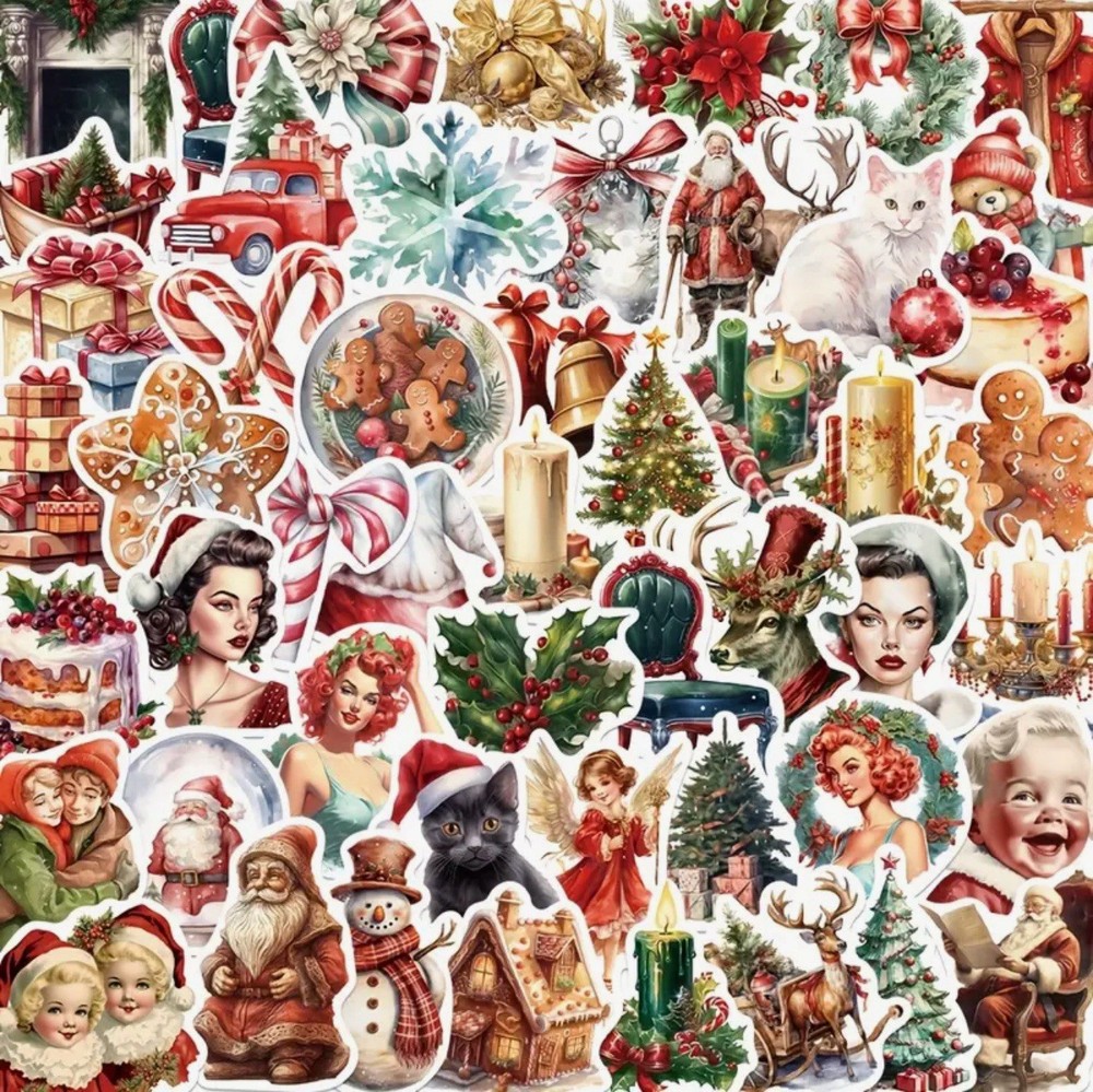 50 PACK OLD CHRISTMAS 1.5”-2.5” Retro Vintage Nostalgia Festive Sticker Lot 50PC
