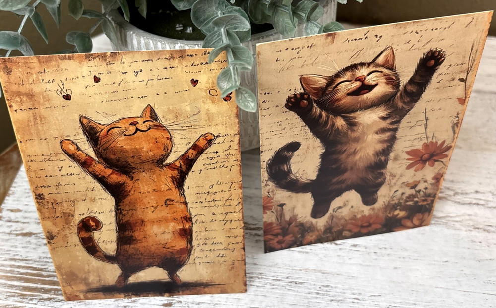 Set Of 2 Junk Journal Art Cards HAPPY CATS Scrapbook Card Topper Crafts