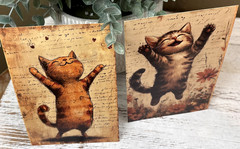Set Of 2 Junk Journal Art Cards HAPPY CATS Scrapbook Card Topper Crafts