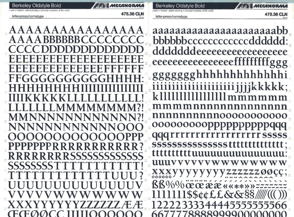 MECANORMA Transfer Lettering Sheet A3, Letraset, #499 BERKELEY OLD STYLE 10mm