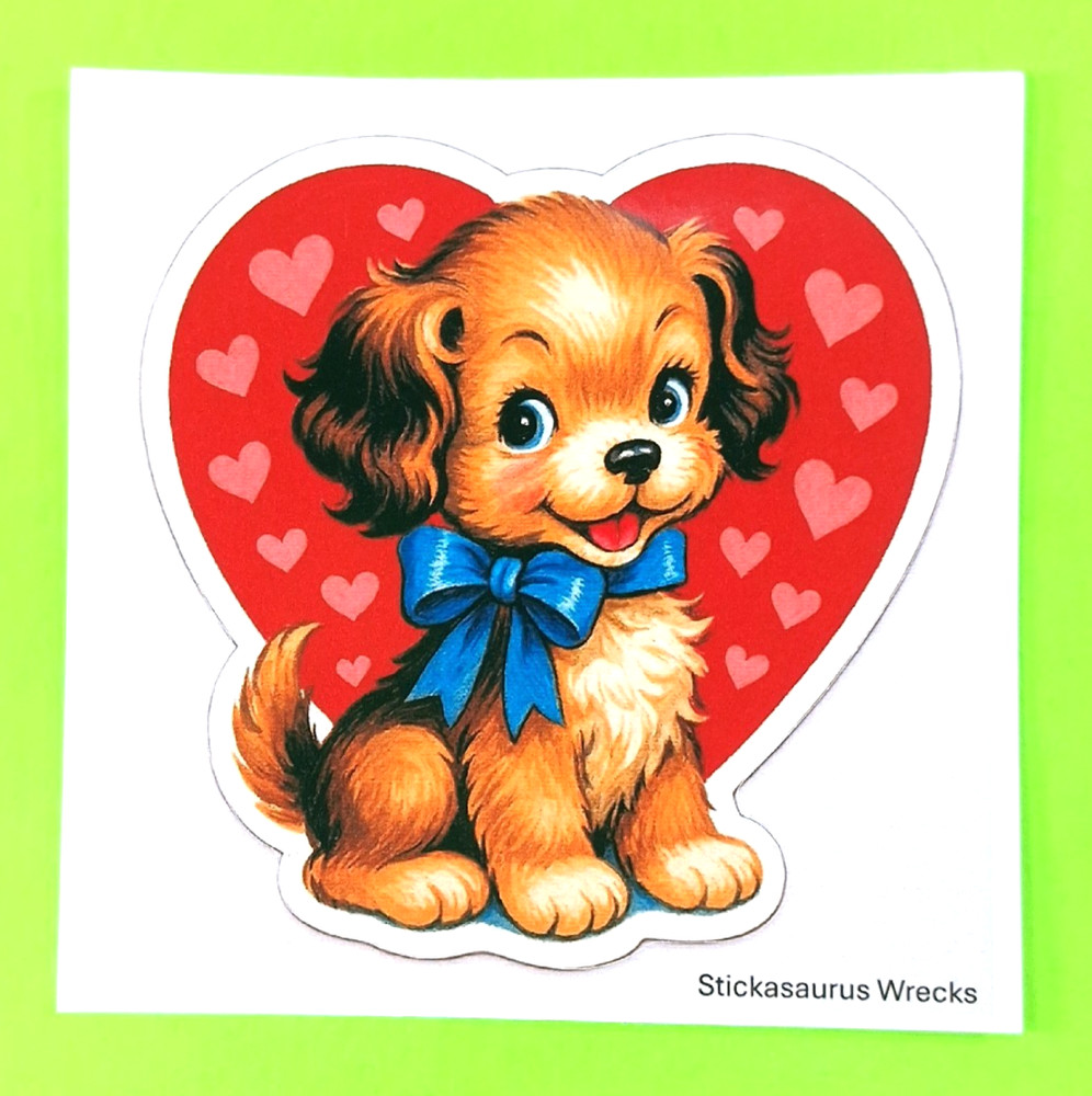 Cute Golden Puppy On A Heart Large Sticker Vintage Kitsch Style
