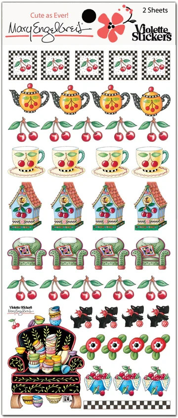Mary Engelbreit Stickers 2 Sheets Whimsical Arm Chair Tea Pot Cups Cherries Dogs