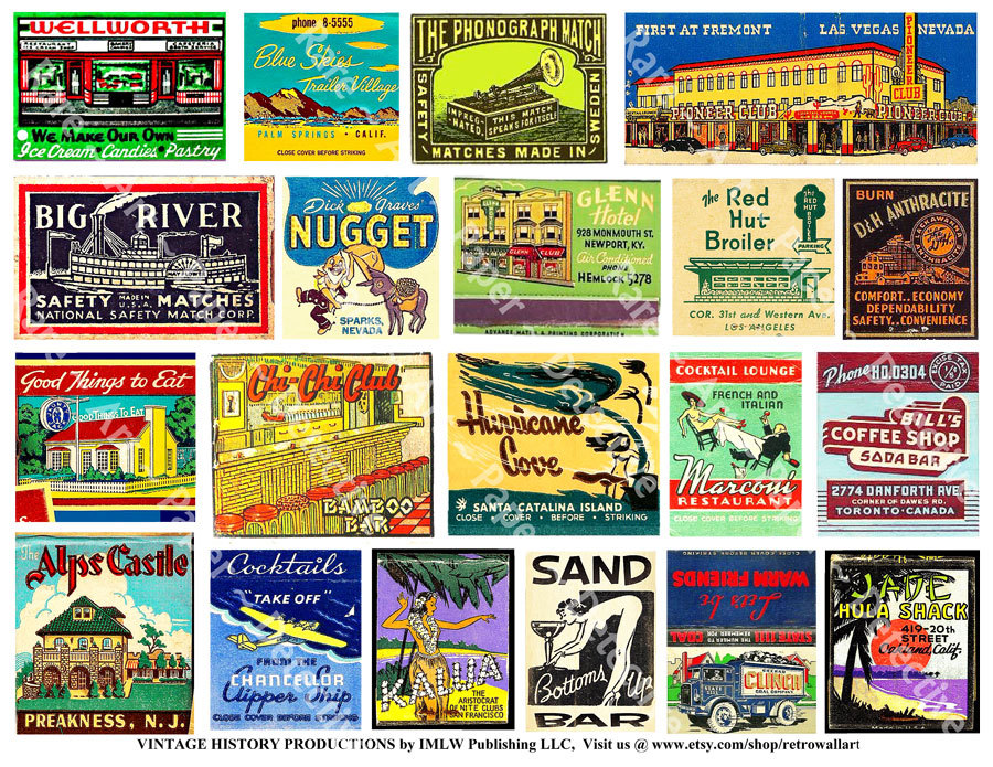 Matchbooks Scrapbook, 2 Sticker Sheets, Travel Theme Memorabilia Reproductions