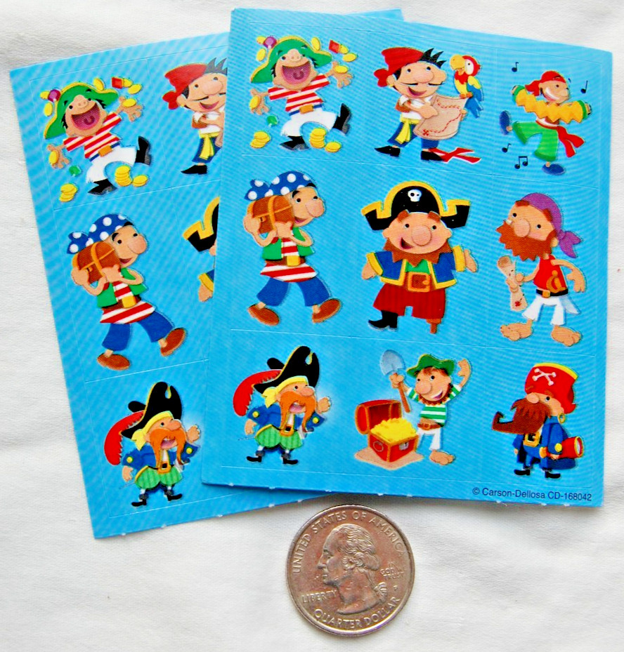 set 2 small Carson-Dellosa PIRATE stickers cartoon funny parrot treasure chest