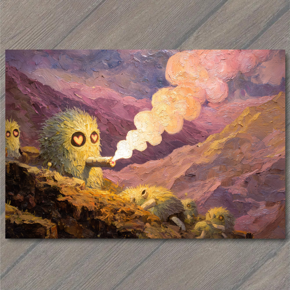 STICKER Fuzzy Creatures Heart Eyes Smoking Cigar Sunset Mountains Strange Cute