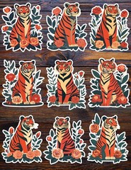 Tiger With Roses Die Cut Vinyl Stickers Set Scrapbooking Laptop Waterbottle