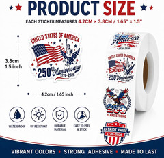 500Pcs 4Th of July Patriotic Sticker Roll 1.5 Inch Patriotic 250Th Anniversary S