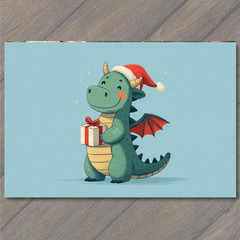 STICKER Christmas Dragon Holding Gift Box Santa Hat Cute Holiday Fantasy Art