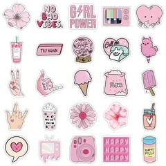 50pc Cute Pink Girly Cartoon Sticker Pack Laptop, Scrapbook, Journaling, Crafts