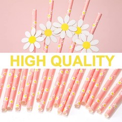 100 Pcs Daisy Flower Straws Bulk Cute Flower Party Favors Disposable Pink Flo…