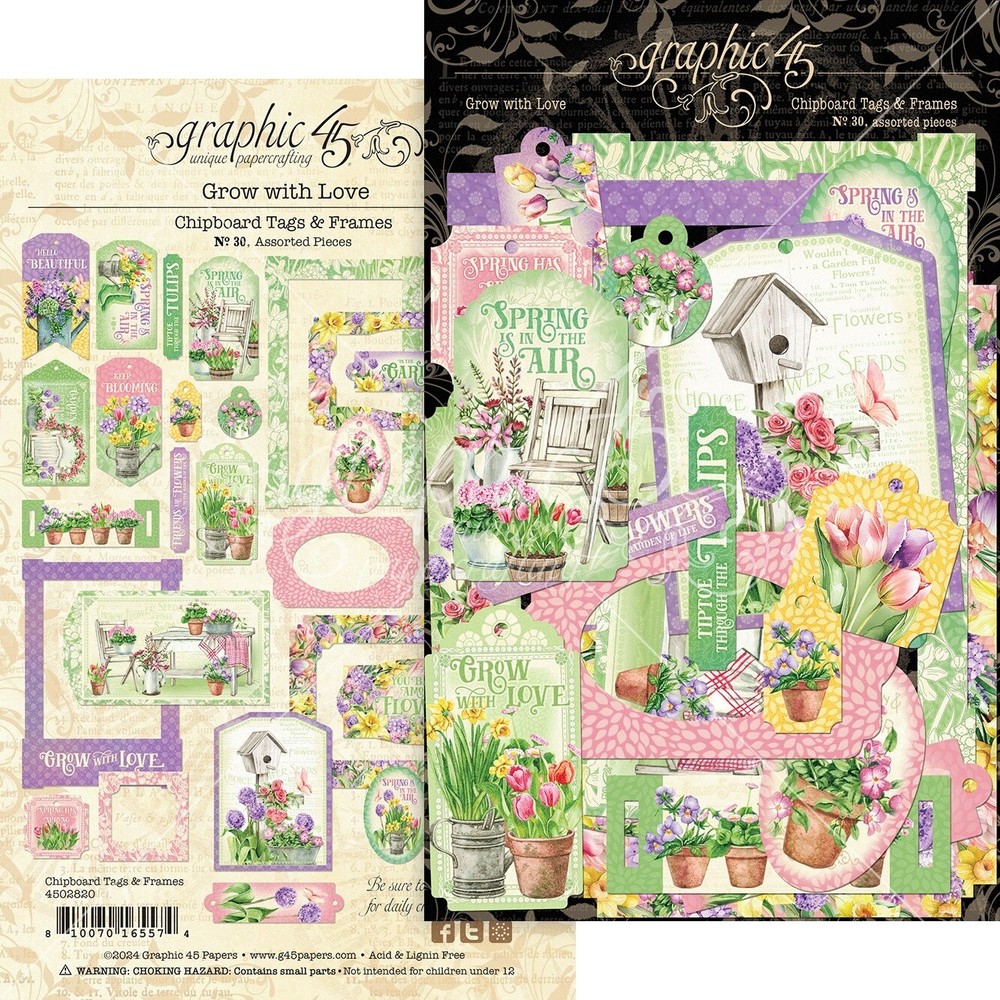 GRAPHIC 45 – GROW WITH LOVE – CHIPBOARD TAGS AND FRAMES – 30 PIECES