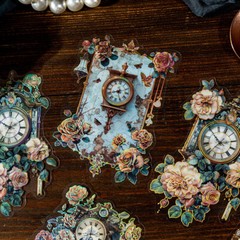 Vintage Rose Clock Window PET Foil Stickers Junk Journal Card Decorative Collage