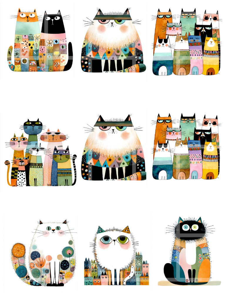 2 Pgs Patchwork Cats For Card Toppers Junk Journal Supplies Scrapbook Ephemera