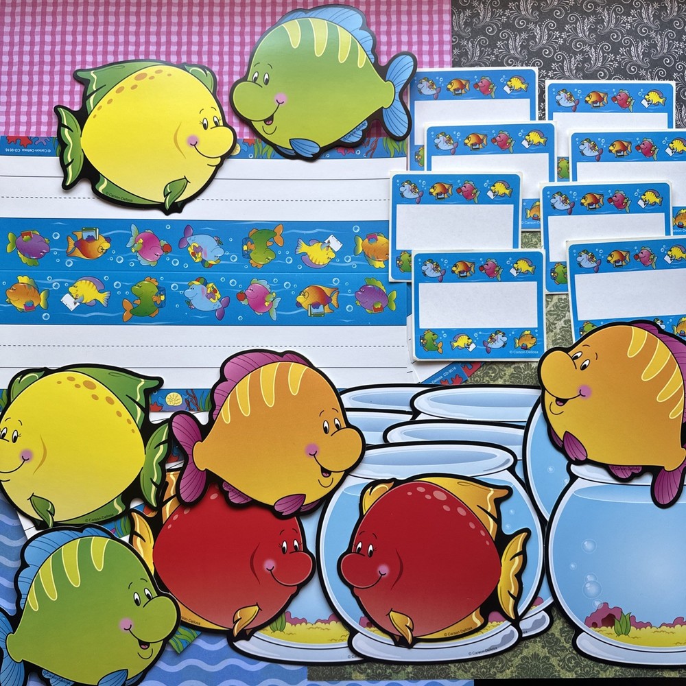 Vintage Carson Dellosa Fish Fishbowl Bulletin Board Name Tags Plates Cutout Lot