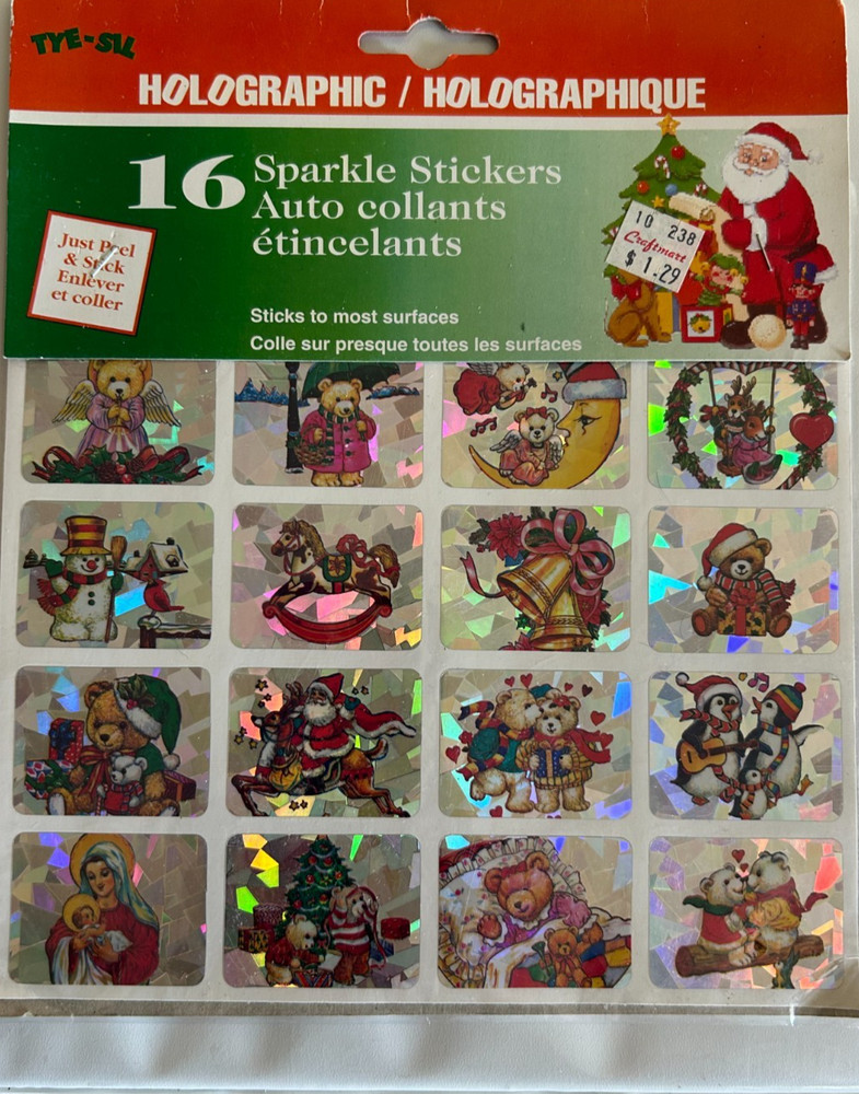 VTG Christmas Holographic 16 Sticker Sheet NEW 1.5″, Prism, Sparkle, Taiwan