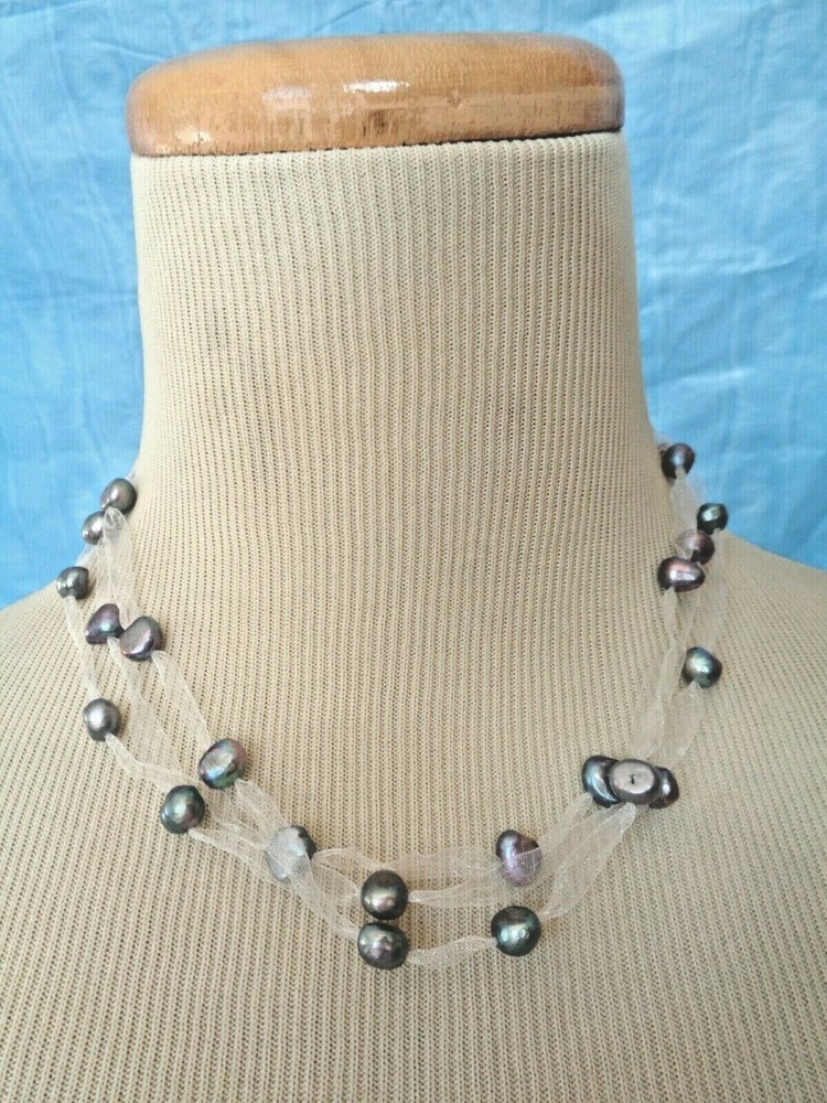 15″ Asian Freshwater Pearls on Ethereal Ribbons Necklace Triple Strand New Japan