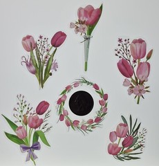 Pink Tulips Floral stickers. 30 stickers. 15 designs-2 each.
