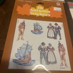 Vintage Thanksgiving Stickers 4 Pkgs Turkey Pilgrims Ship Indian Leaves AEC