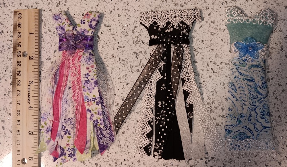 Lot of 3 Handmade Dresses For Junk Journals Scrapbooks Shadow Boxes Or Ornaments