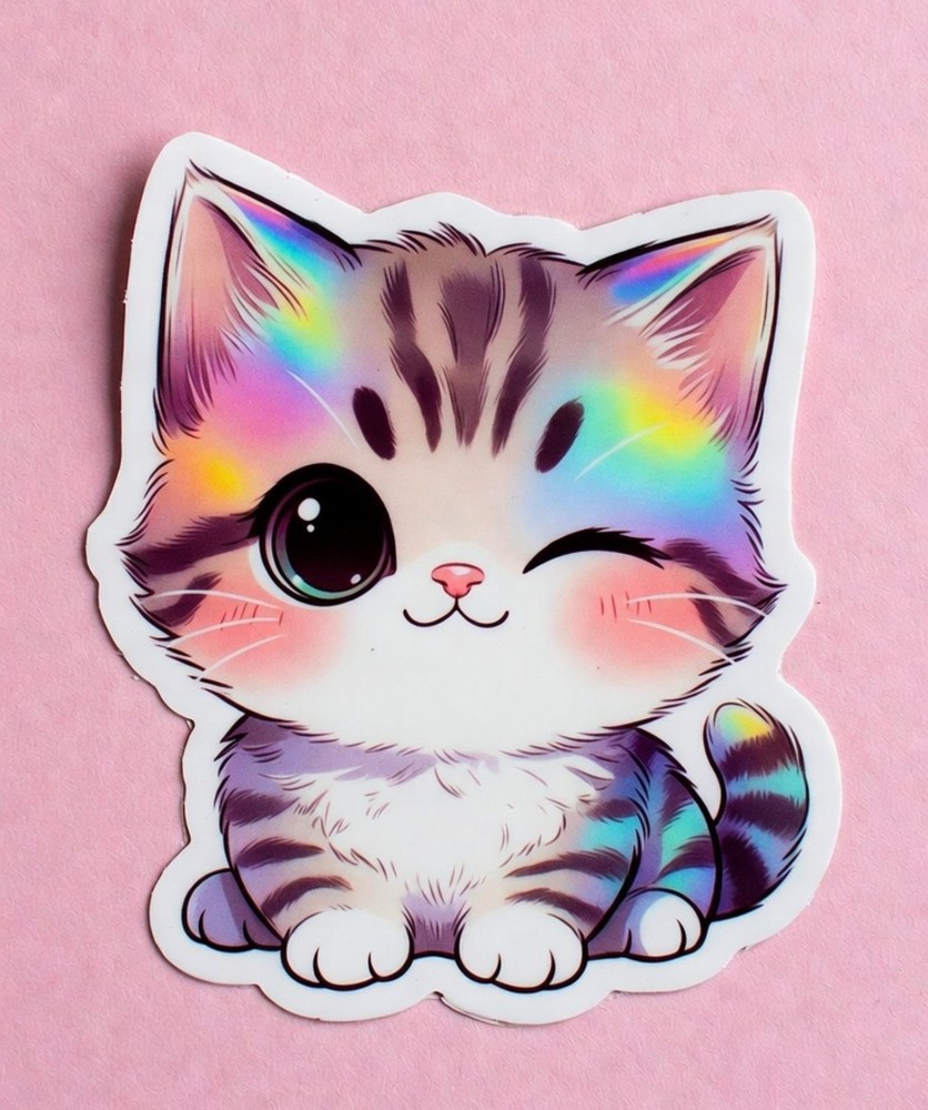 Cute Rainbow Holographic Kitten Sticker – Chibi Winking Cat Vinyl Decal 3.5″