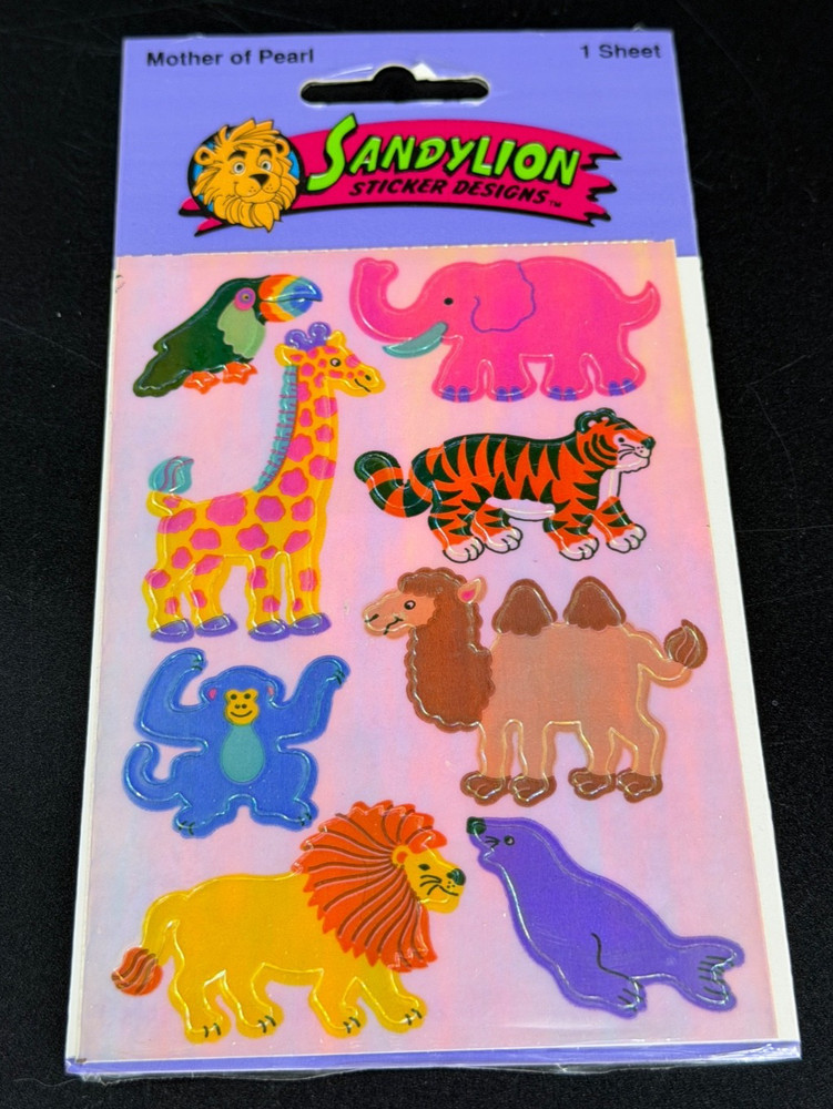 Rare Vintage Stickers NIP Sandy Lion Mother Of Pearl Opal Iridescent Lion Monkey