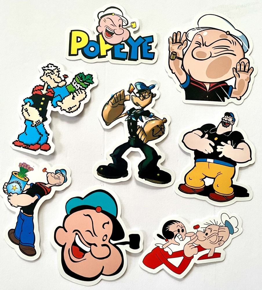 Stickers- Popeye, Olive Oil, Brutus. Set of 8 large stickers. Popeye.