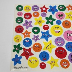1 VINTAGE SHEET OF HIGHLIGHTS COLORFUL FUNNY FACES SMILE FACE + STARS STICKERS