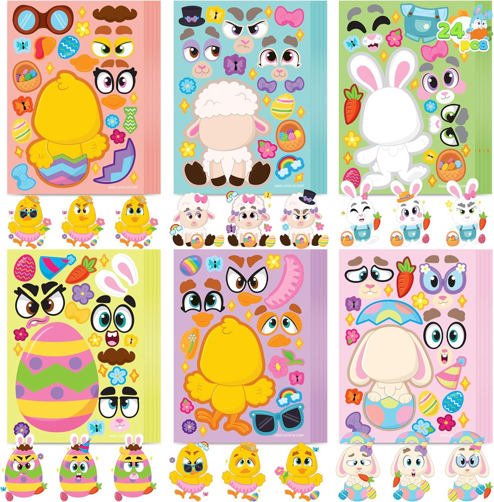 24 PCS Easter Match Make a Face Stickers – Chick Bunny Sheep Egg Pattern