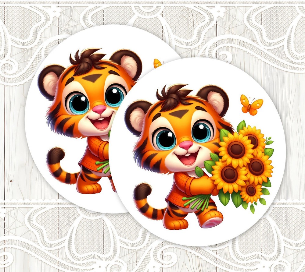 Cute Tiger with Sunflowers Stickers Round Matte Labels Seals