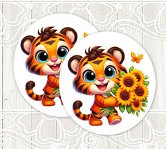 Cute Tiger with Sunflowers Stickers Round Matte Labels Seals