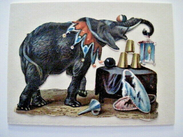 Whimsical 1800’s Die Cut Of Circus Elephant Wearing Bright Colored Collar (A) *