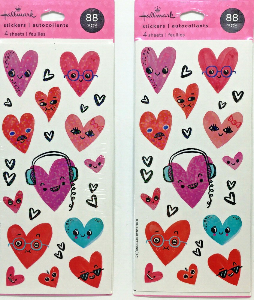 Valentine’s Day Stickers HEARTS Funny Faces Prismatic Lot 2 Packs (8 Sheets)