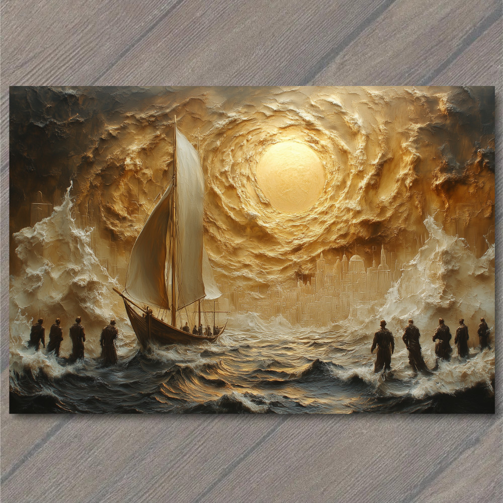STICKER Surreal Sailboat Glowing Sun City Sea Crowd Water Dreamlike Ship