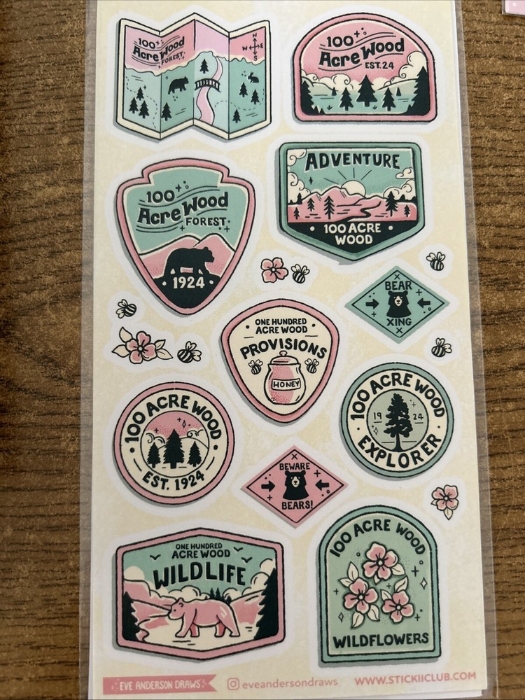 Stickii Club 100 Acre Wood Signs Stickers Sheet By Eve Anderson Draws