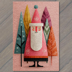 STICKER Pink Santa Among Colorful Trees Retro Christmas Holiday Whimsical Joy