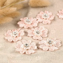 CraftbuddyUS 10 Pink Flower w/Pearl&Diamante Centre 3D motifs 50mm Stitch Fabric