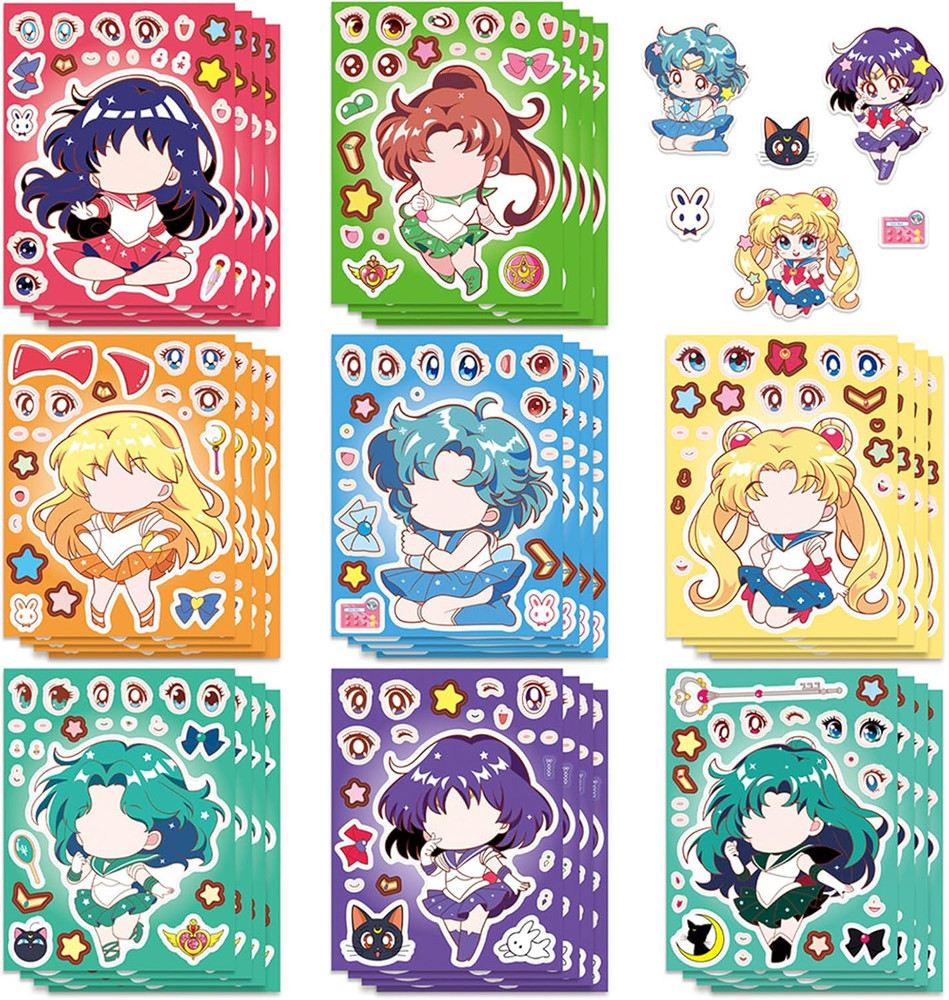 24 Sheets Make-A-Face Cartoon Sailor Anime Moon Stickers for Party Supplies