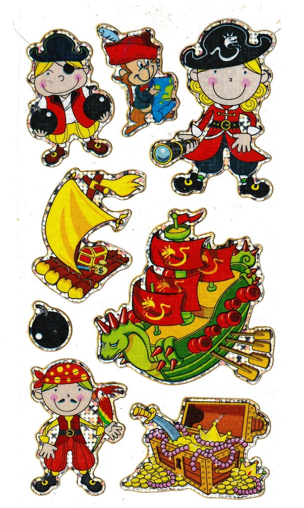 Stickers PIRATES kid boy frigate shark raft bomb dagger piasters chest gold