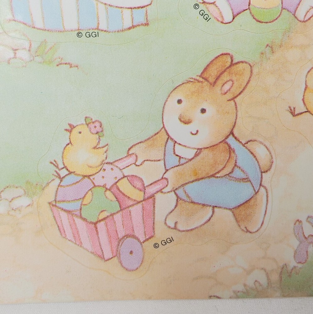 Vintage Gibson Easter Sticker Sheet Anthropomorphic Bunnies Chicks Pastel 80s