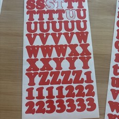 Vtg Red Alphabet Stickers 4 Sheets Used Capital Lower Case Numbers Exclamation