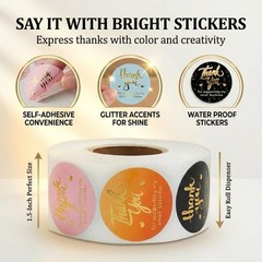 Thank You Stickers Roll 800pcs 1.5 Inch Multicolor Waterproof Self-Adhesive