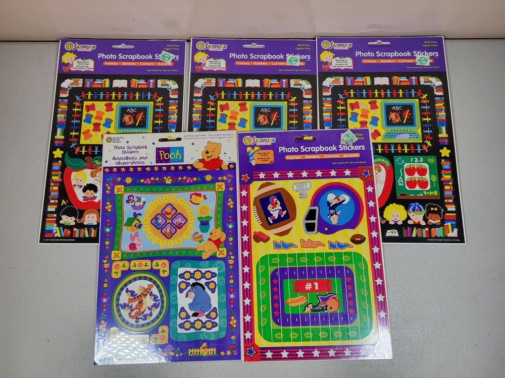 Lot of 5 SandyLion Photo Scrapbook Stickers – Pooh, Sports, & School Days