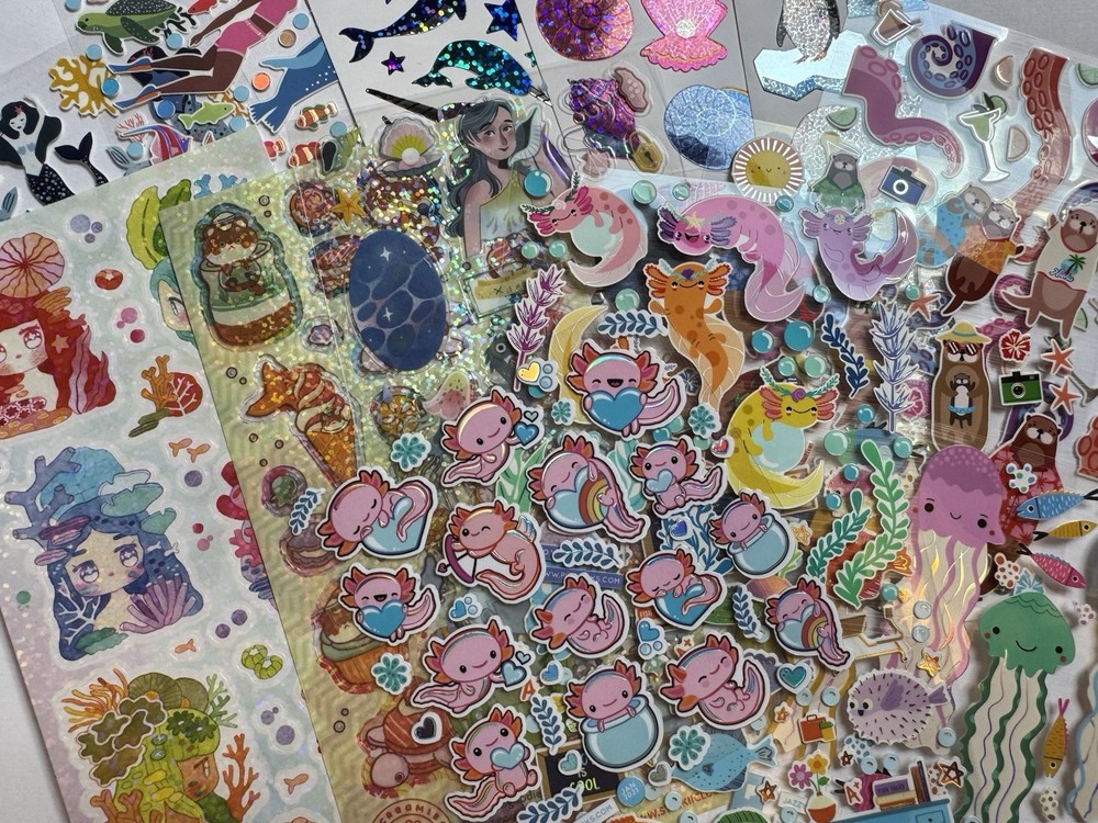 Fun Sealife Stickers, Axolotl/Narwhal/Mermaid/Jellyfish, Stickiiclub/Pipsticks